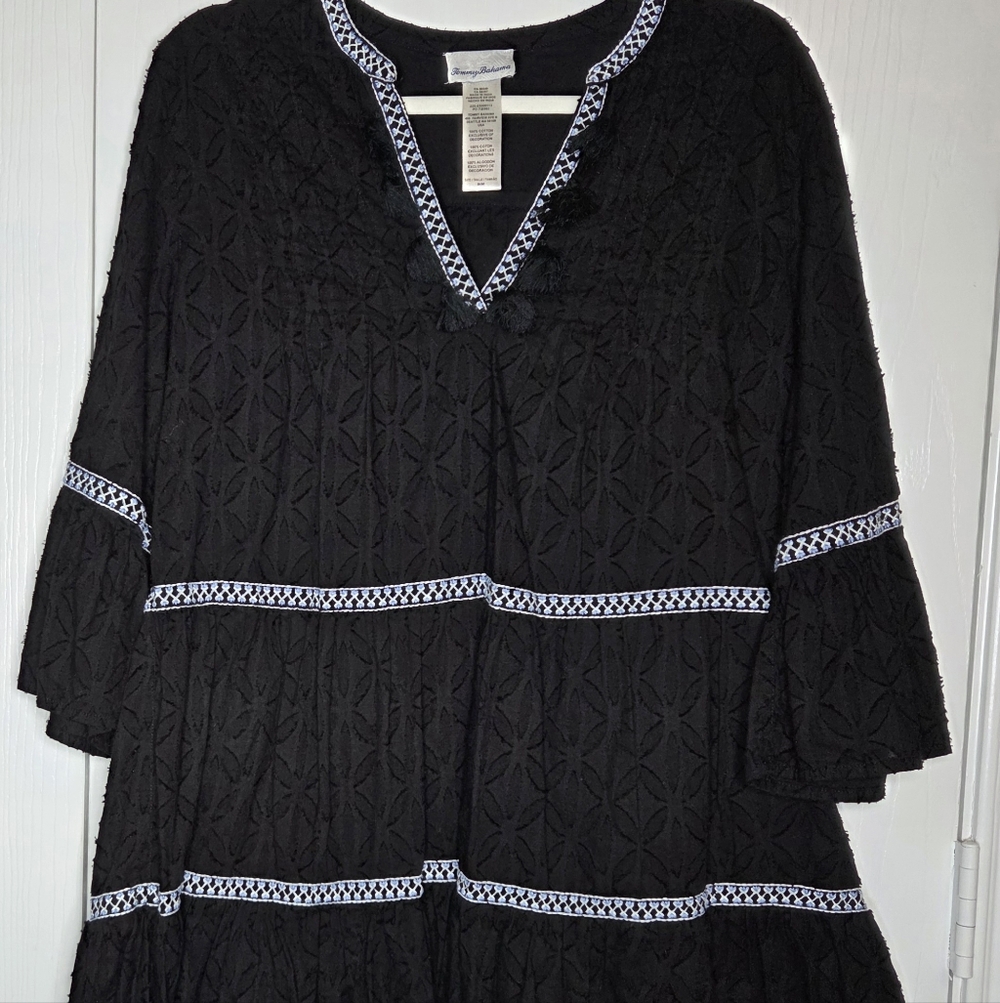 Tommy Bahama Black Dress White and Blue Embroidery Beachy Vacation-Size M